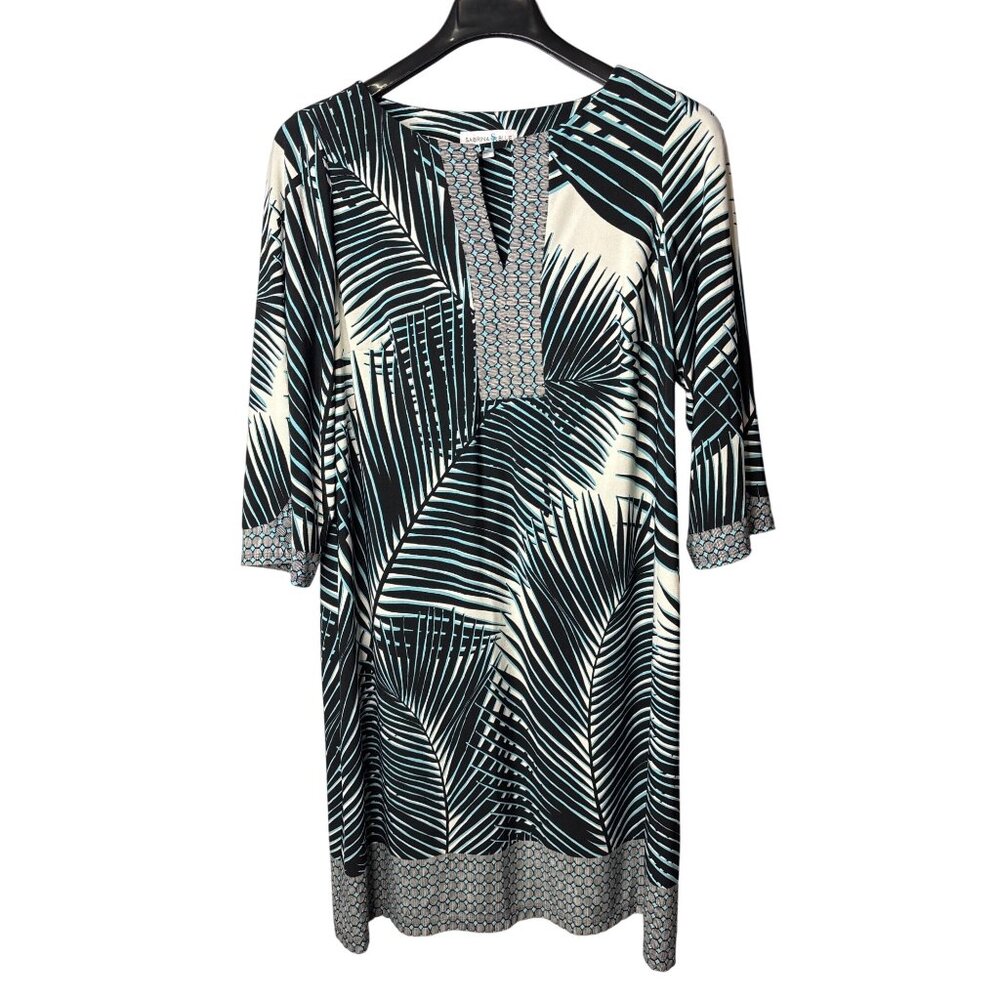 Sabrina Blue Plus Size Midi Shift Dress 1X Tropical Leaves Black White Blue Keyh